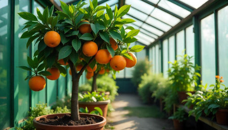 Orange trees in a greenhouse, a vibrant and fresh imageの写真素材