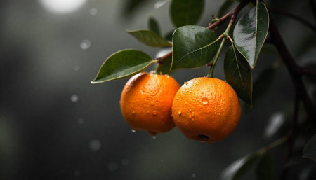 Two oranges hang on a branch with green leaves