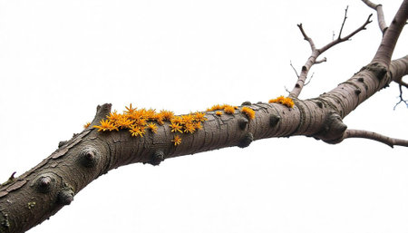 Tree branch with vibrant orange fungi against white background