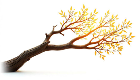 Golden leaves adorn stylized tree branch against white background