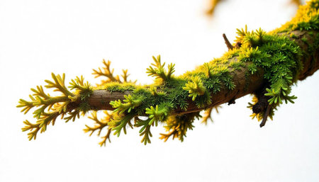 Mossy branch closeup against white background showing natural texturesの写真素材