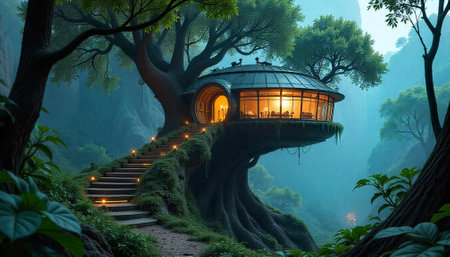 Enchanted treehouse restaurant nestled amongst serene green forest