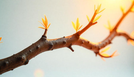 New spring leaves unfurling on a branch against the skyの写真素材