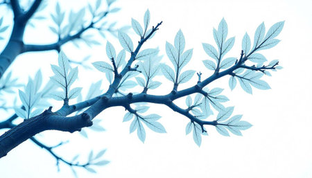 Blue tinted tree branch and leaves against white backgroundの写真素材