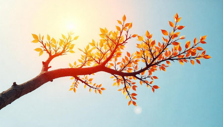 Autumn tree branch with golden leaves against blue skyの写真素材
