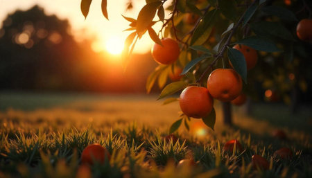 Oranges on a tree branch during golden sunset hourの写真素材