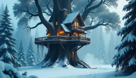 Magical treehouse nestled in a snowy winter wonderland