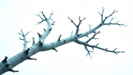 Bare tree branch against a white sky background imageの写真素材