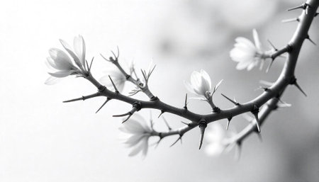 Delicate blossoms on a thorny branch, monochrome serenity