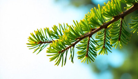 Fresh green pine branch against soft blue sky backdrop