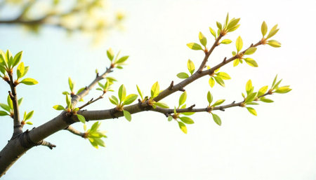 Spring leaves blossoming on branch against a clear sky
