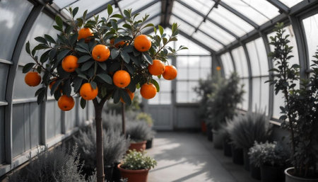 Orange tree in greenhouse filled with plants in potsの写真素材