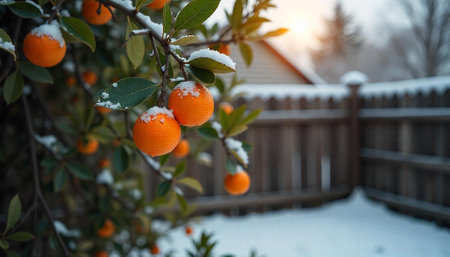 Winter citrus scene: Orange tree with snow covered fruitの写真素材