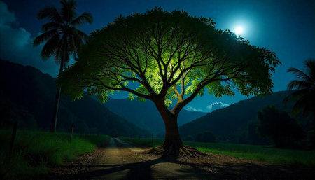 Magnificent tree illuminated by moonlight in a serene landscape