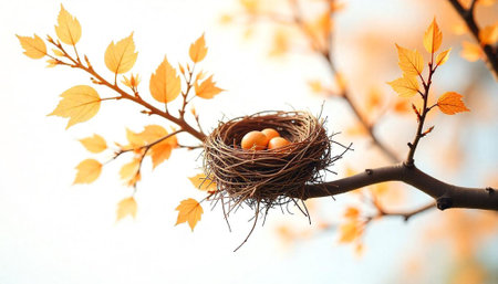 Eggs in a nest on a tree branch springtimeの写真素材