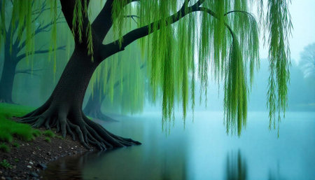 Weeping Willow Tree Reflected in Misty Waters Scenery