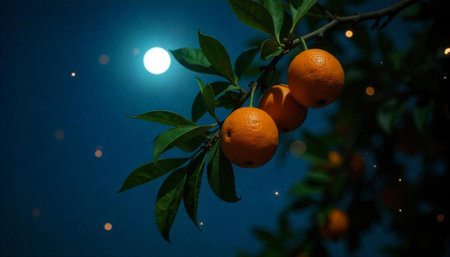 Oranges on a branch under moonlight with bokeh lightsの写真素材