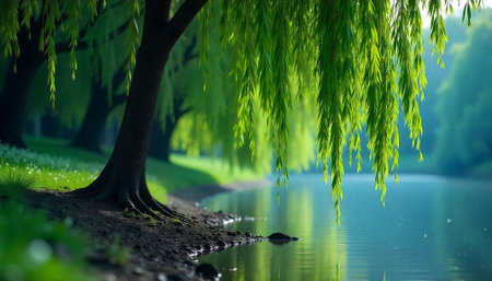 Weeping willow over tranquil river landscape in springの写真素材