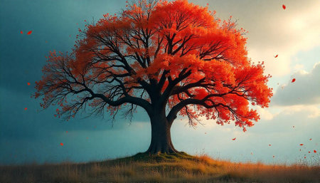 Vibrant autumn tree with leaves falling in scenic landscapeの写真素材