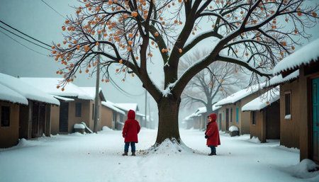 Winter village scene with children and persimmon treeの写真素材