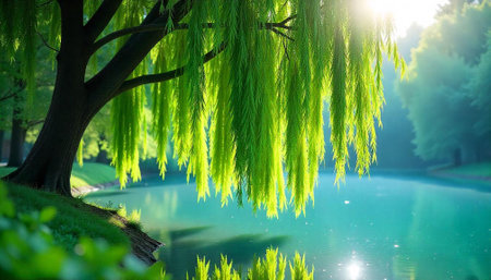 Luminous Weeping Willow Tree Reflected on Calm Lake Waterの写真素材