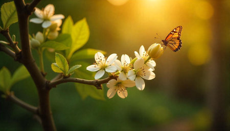 Butterfly on blossoms illuminated by golden sunlight, nature's beautyの写真素材