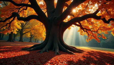 Majestic autumn tree with golden leaves and sun raysの写真素材