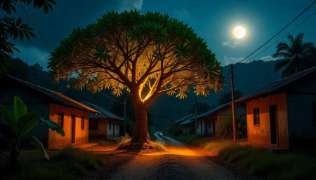 Night scene showcasing illuminated tree in rural village settingの写真素材