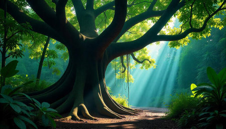 Majestic tree with sunlight beams shining through leaves