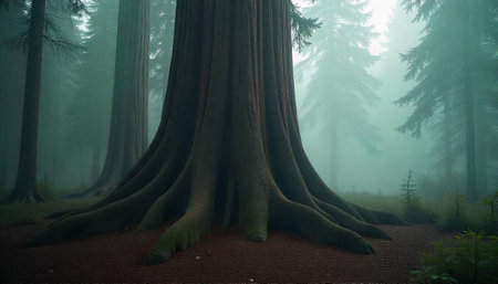 Misty forest with giant redwood trees and exposed rootsの写真素材