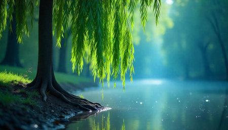 Willow tree reflecting in peaceful water with sunlightの写真素材