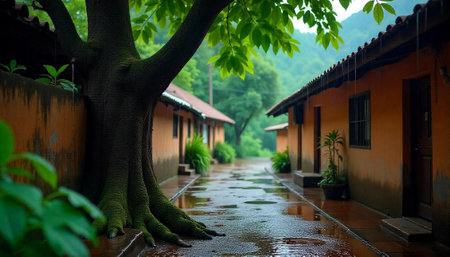 Rainy day in rural village with wet reflecting pathの写真素材