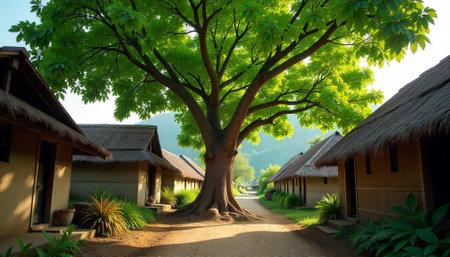 Peaceful village lane with thatched huts under a large tree