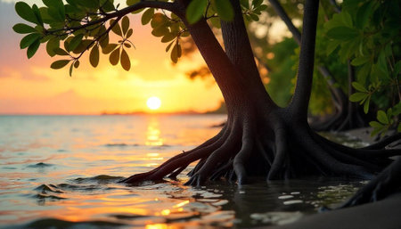 Mangrove tree sunset landscape with reflected colors in waterの写真素材