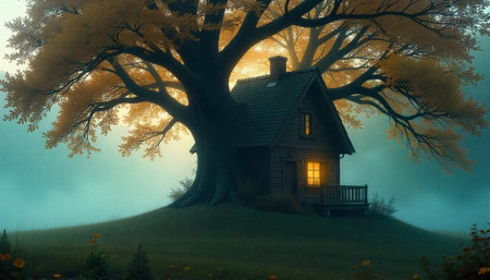 Cozy house nestled beneath a large golden autumn treeの写真素材