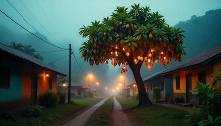 Mystical village street with fog and lantern-lit treeの写真素材