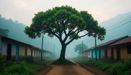Misty landscape with tree and colorful buildings along pathの写真素材