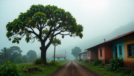 Foggy rural street with tropical trees and colorful housesの写真素材