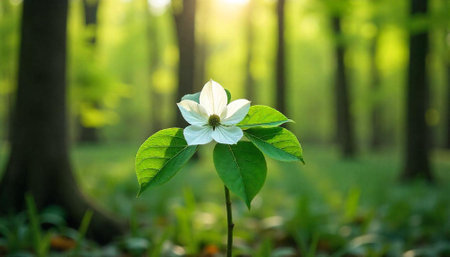 Dogwood flower in sunlit forest, symbol of springの写真素材