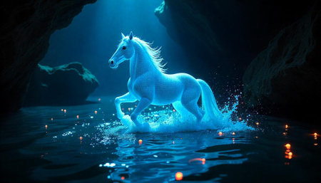 Luminous Horse Galloping Through Water in Mysterious Cave Settingの写真素材