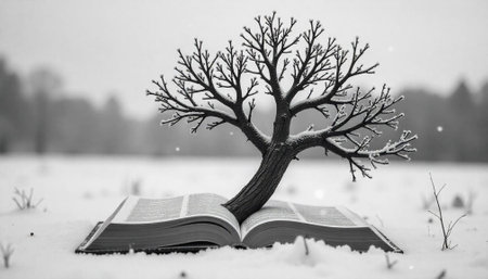 Monochrome tree emerging from open book in winter sceneの写真素材
