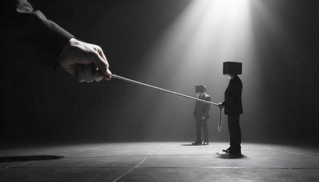 Surreal image depicting control with figures in black suits