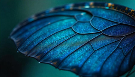Close up of iridescent blue butterfly wing with detailed textureの写真素材