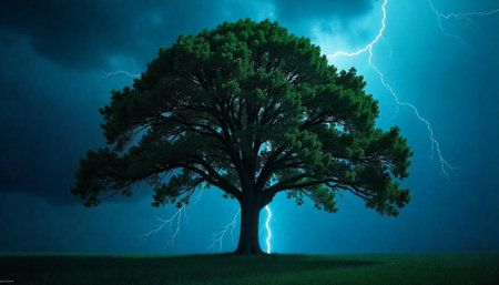 Oak tree in thunderstorm with lightning strike backdropの写真素材