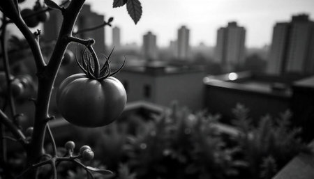 Tomato on Vine Against Cityscape Black and White Stillの写真素材
