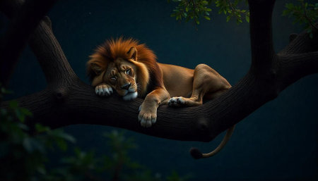 Lion asleep in a tree, dark moody backgroundの写真素材