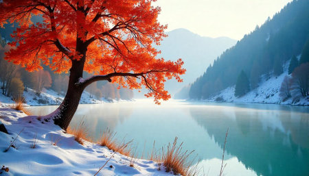 Scenic winter landscape with red maple tree by lakeの写真素材