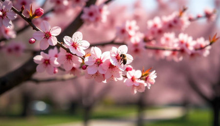 Bee on delicate pink cherry blossoms in spring sunlightの写真素材