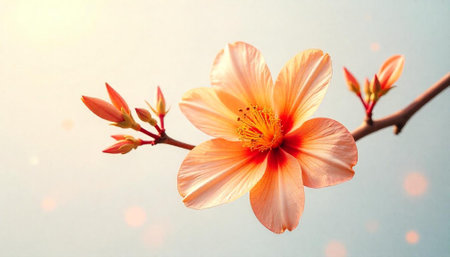 Peach blossom with closed buds against a blurred backgroundの写真素材