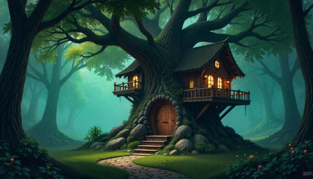 Enchanting treehouse in a misty forest fairytale illustrationの写真素材